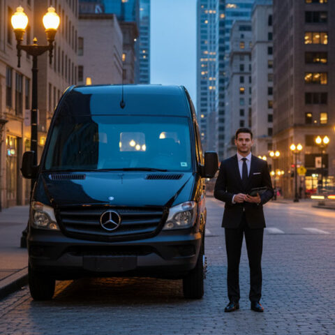 personal driver next to a Mercedes Sprinter