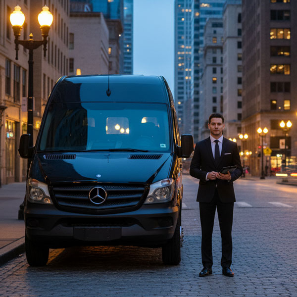 personal driver next to a Mercedes Sprinter